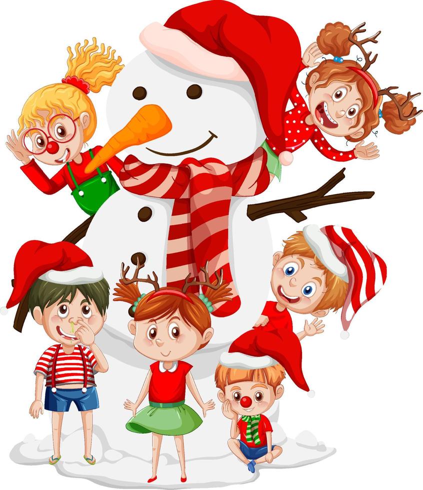 boneco de neve de natal com personagem de desenho animado de crianças felizes vetor