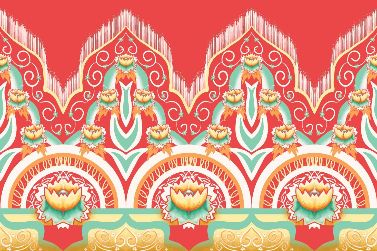 flor amarela, verde e laranja em vermelho. design tradicional de padrão oriental étnico geométrico para plano de fundo, tapete, papel de parede, roupas, embrulho, batik, tecido, estilo de bordado de ilustração vetorial vetor