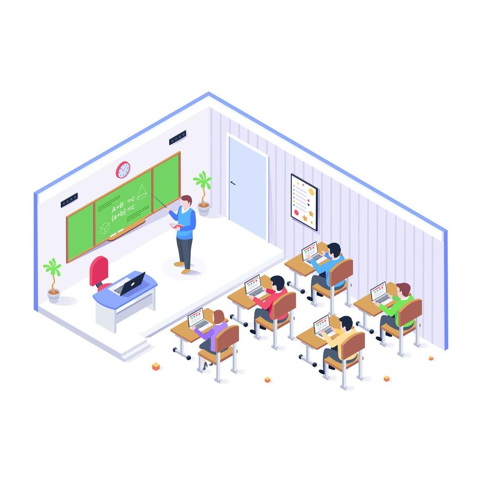 uma ilustração isométrica bem projetada de uma sala de aula. vetor