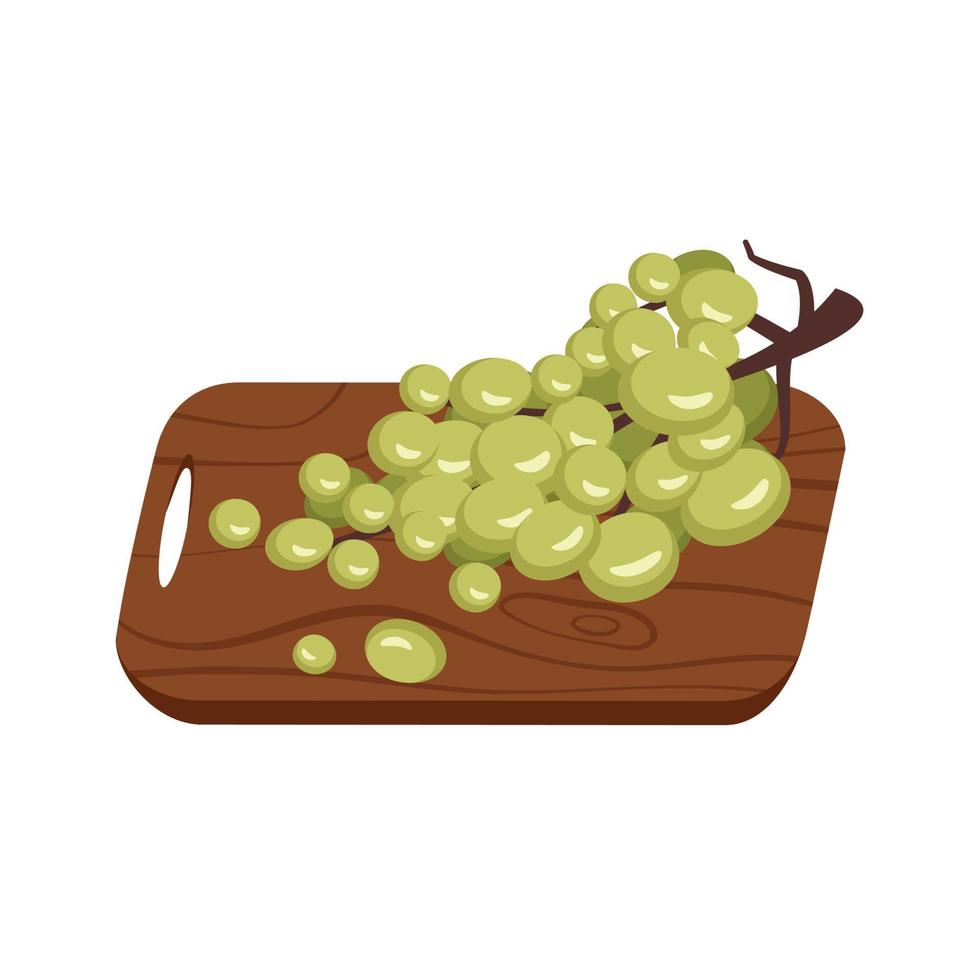 bagas de uvas claras no galho na tábua de madeira. doce comida saudável, deliciosa sobremesa ou lanche. ilustração vetorial plana vetor