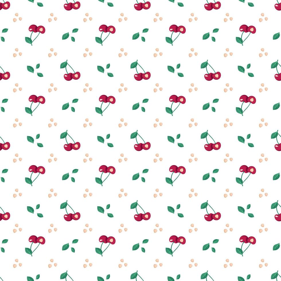 padrão sem emenda de cereja berry com folhas, imprimir em fundo branco. ilustração vetorial plana com diferentes elementos vermelhos e verdes para primavera e verão vetor