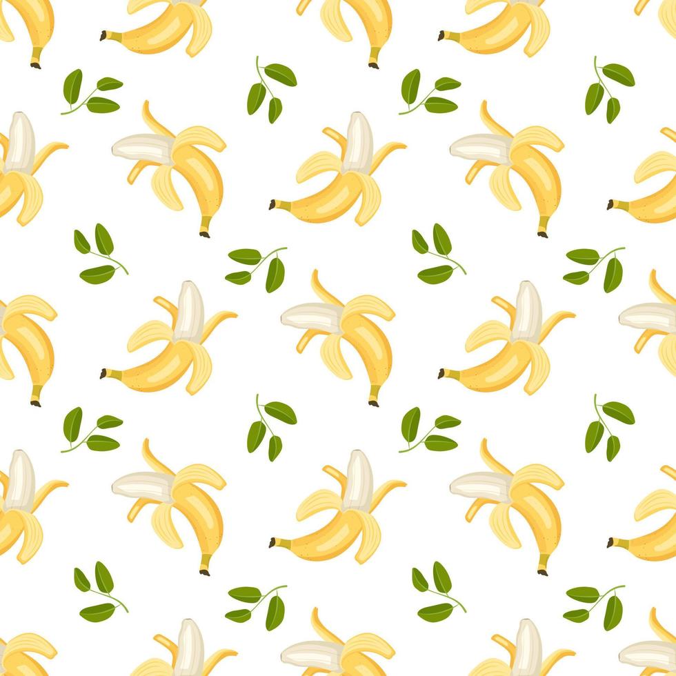 sem costura padrão com banana amarela doce e folhas verdes. impressão de comida com deliciosas frutas exóticas saudáveis. ilustração vetorial plana vetor