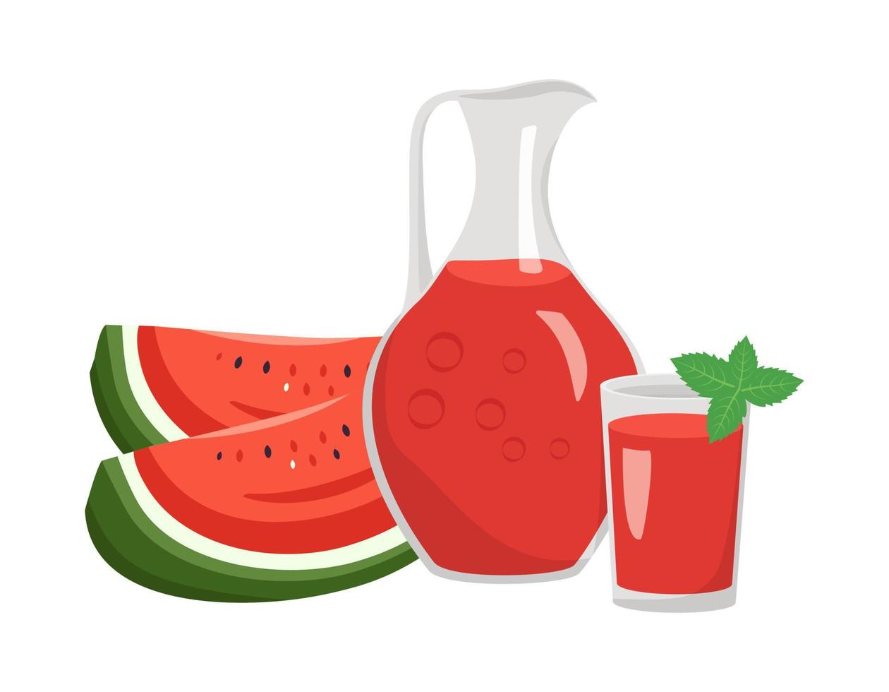 jarro e copo com suco de melancia, frutas com folha de hortelã. deliciosa bebida saudável e produto. ilustração em vetor plana de comida