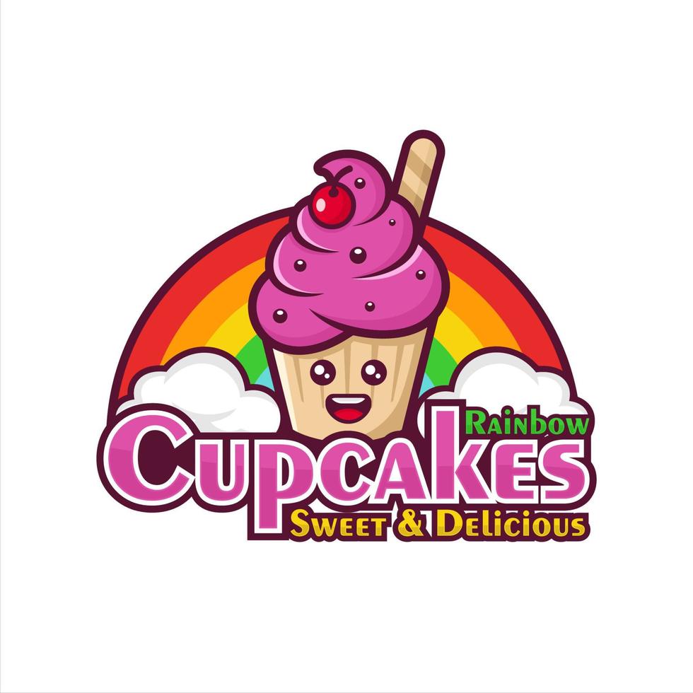 logotipo premium de design de arco-íris de cupcakes vetor
