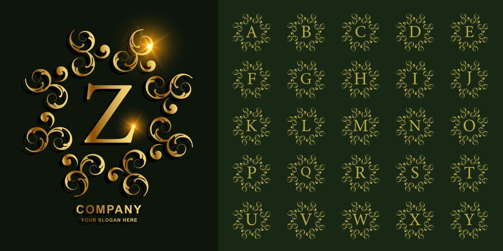 alfabeto inicial de coleção com ornamento de luxo ou modelo de logotipo dourado de moldura floral. vetor