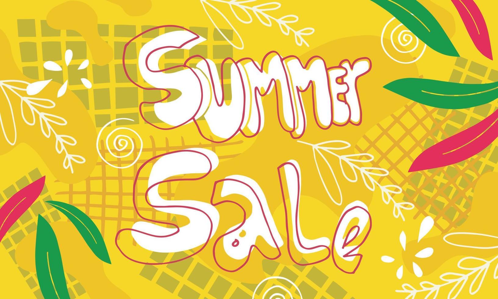 modelo de banner de venda de verão com estilo doodle. um verão abstrato com folhas de palmeira e elemento doodle. emblema promocional para seus designs sazonais. vetor