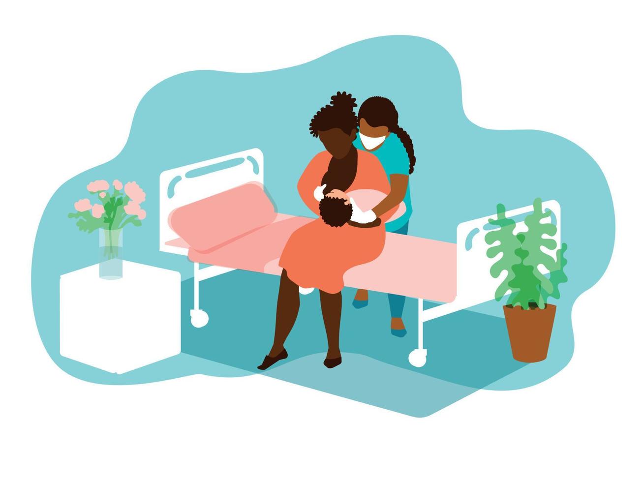 mulher afro-americana amamentando seu bebê recém-nascido. a enfermeira a ajuda a colocar o bebê no peito. apoio à lactação, informações sobre o período pós-parto. vetor