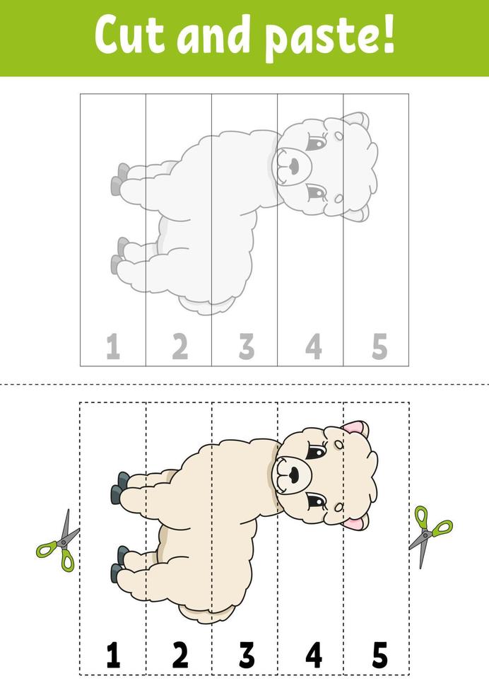 aprendendo números 1-5. corte e cole. Personagem de desenho animado. planilha de desenvolvimento educacional. jogo para crianças. página de atividades. ilustração em vetor cor isolada.