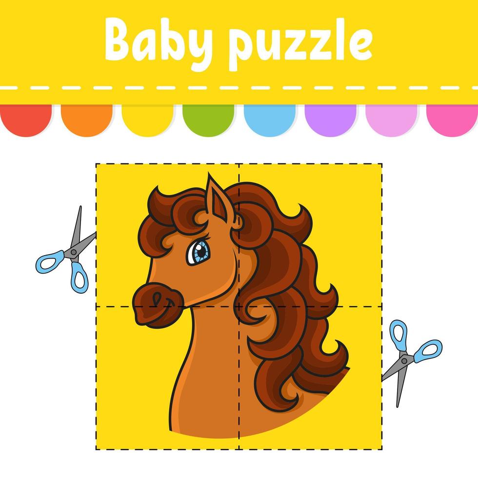 quebra-cabeça do bebê. nível fácil. animal cavalo. cartões flash. cortar e  jogar. planilha de atividades de cores. jogo para crianças. Personagem de  desenho animado. 5516515 Vetor no Vecteezy