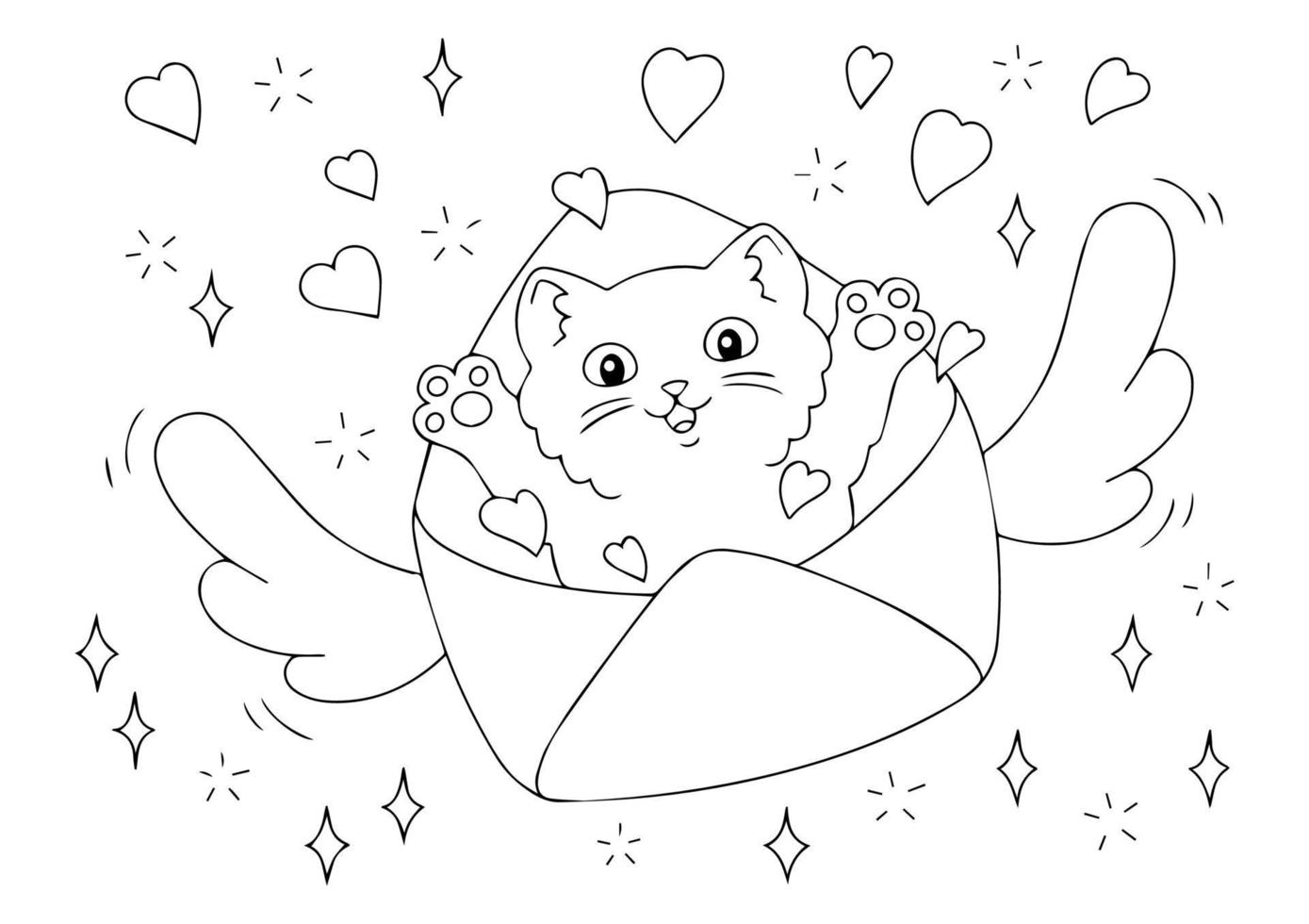 um gatinho fofo voa em um envelope com corações. página do livro de colorir para crianças. Dia dos namorados. personagem de estilo de desenho animado. ilustração vetorial isolada no fundo branco. vetor