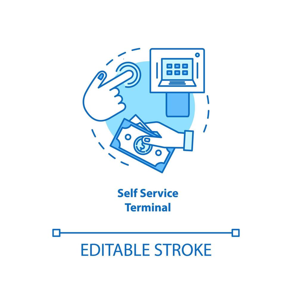 ícone de conceito de terminal turquesa de autoatendimento. ilustração de linha fina de ideia de checkout operado pelo cliente. sistema de pagamento eletrônico. caixa de compras. desenho de contorno isolado de vetor. traço editável vetor