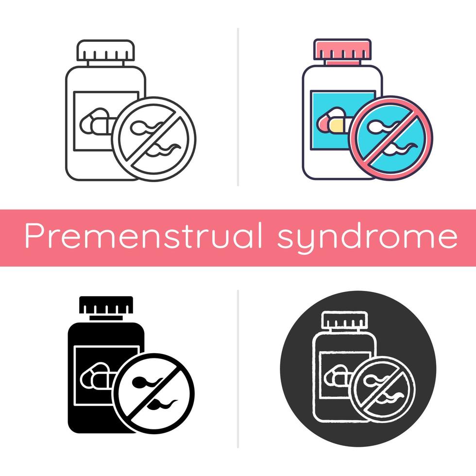 ícone de controle de natalidade. contraceptivo oral feminino. prevenção de gravidez indesejada. ajuda síndrome pré-menstrual. prescrição ginecológica. design plano, estilos lineares e de cores. ilustrações vetoriais isoladas vetor