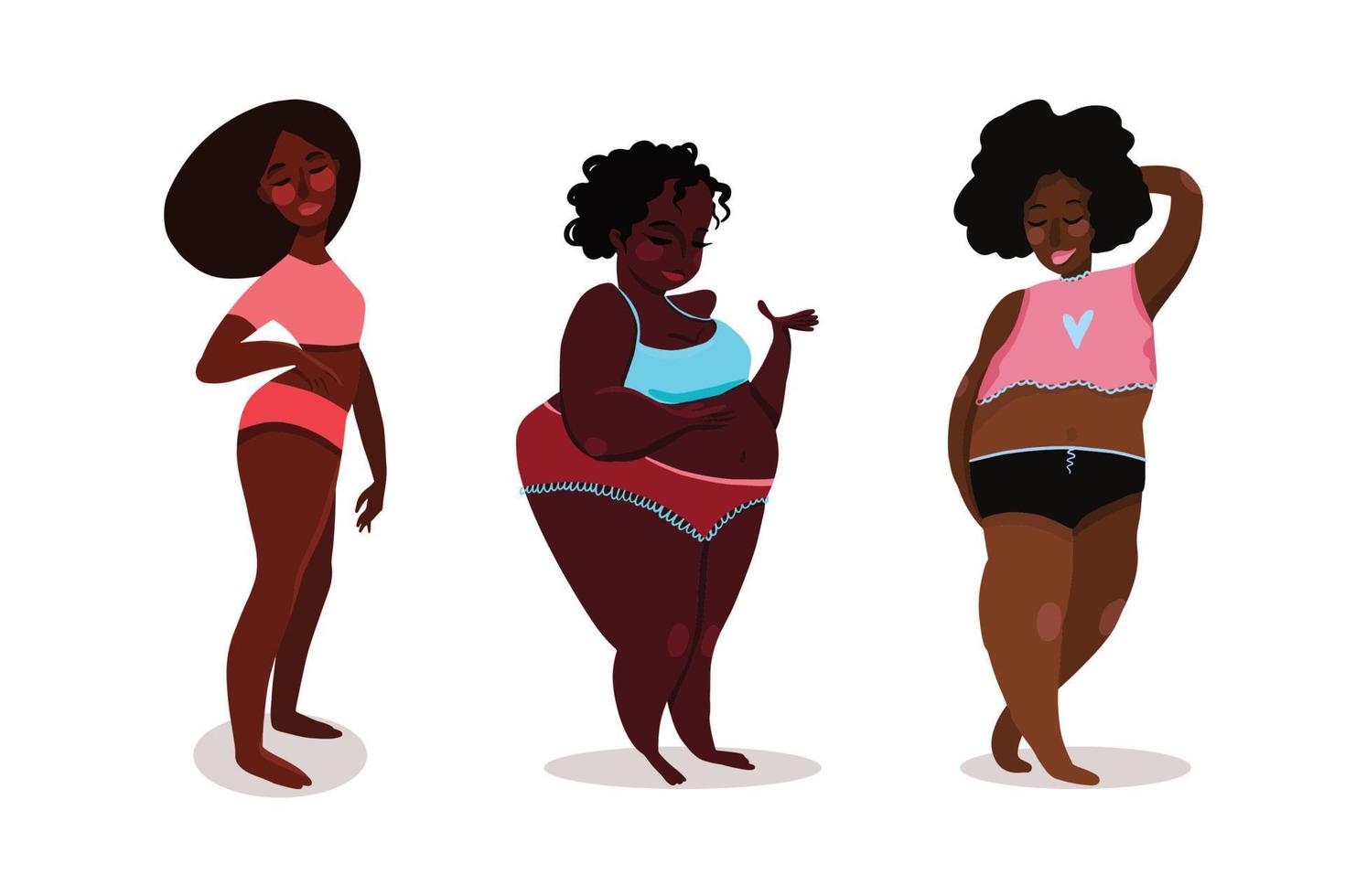 conjunto de meninas negras bodypositive em poses diferentes vetor