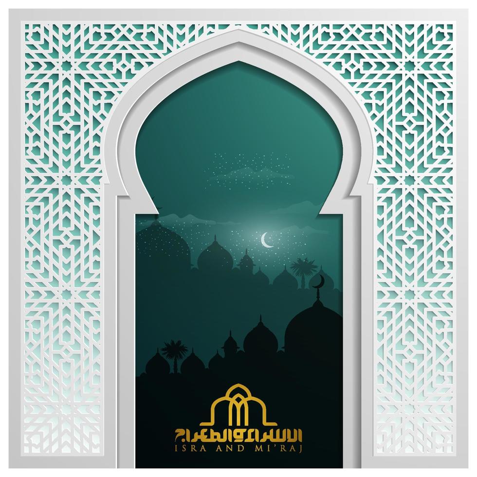 isra miraj cartão design de vetor padrão floral islâmico com caligrafia árabe brilhante para fundo, papel de parede, banner. tradução de texto duas partes da viagem noturna do profeta muhammad.