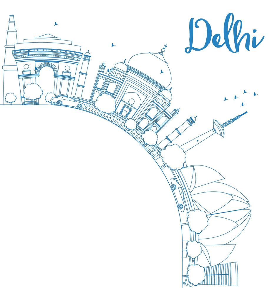 contorno do horizonte de delhi com marcos azuis e copie o espaço. vetor
