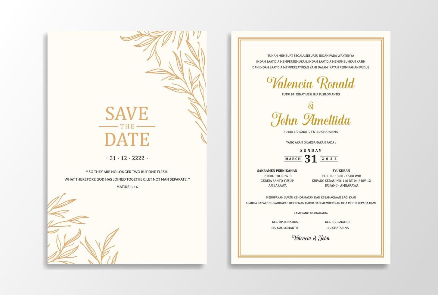 convite de modelo de cartão de casamento com folhas de ouro simples vetor