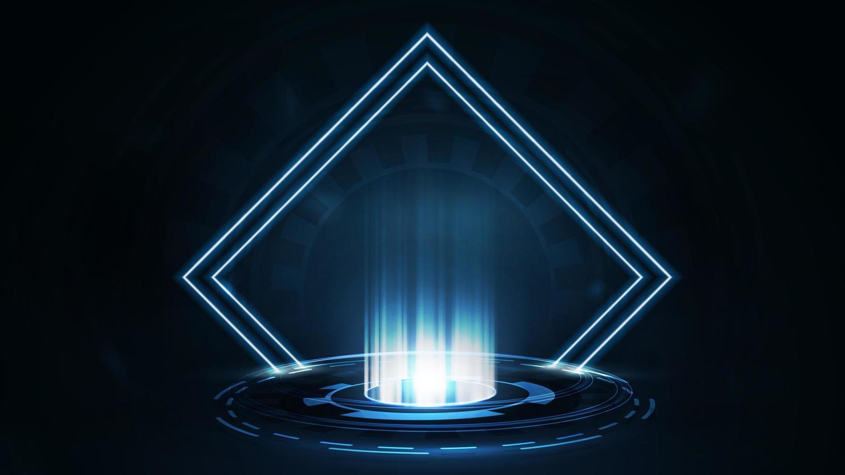 portal digital azul com molduras de losango de néon de linha e anéis digitais de holograma no quarto escuro vetor