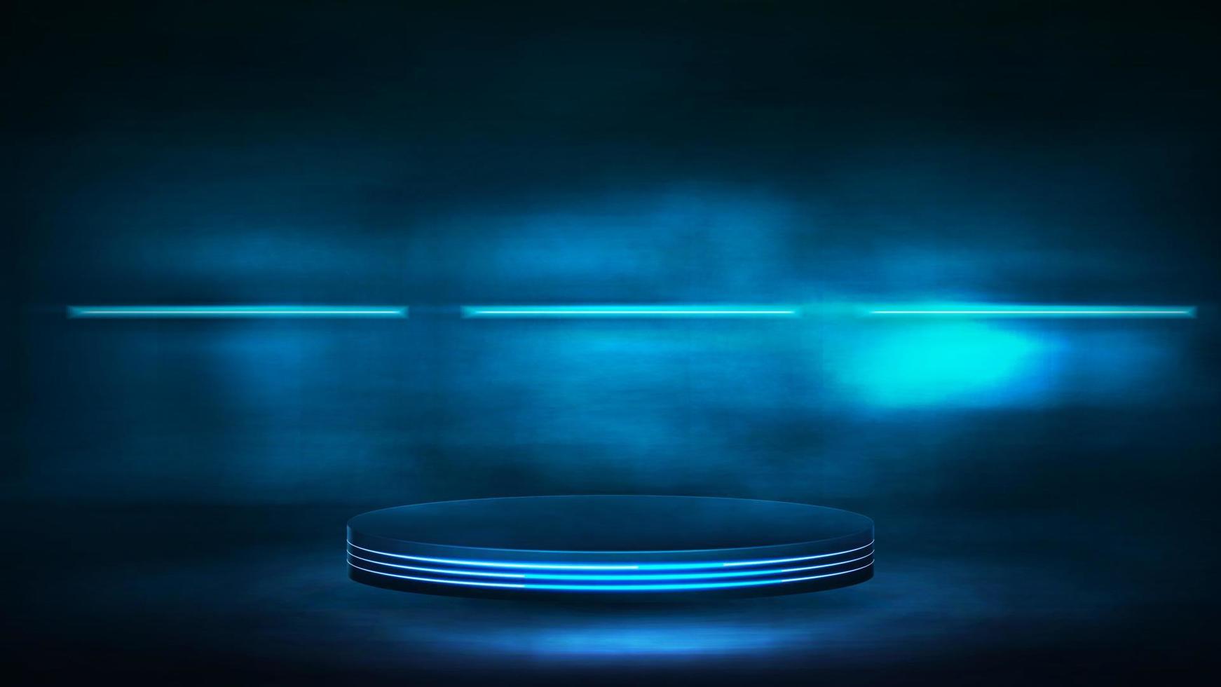 pódio escuro vazio para apresentação do produto, ilustração vetorial realista 3d. cena digital azul e escura com lâmpadas luminosas azuis neon vetor