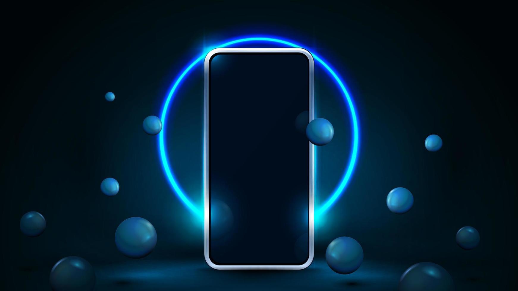 smartphone simulado em cena azul com esferas saltitantes realistas e anel de néon no fundo. vetor