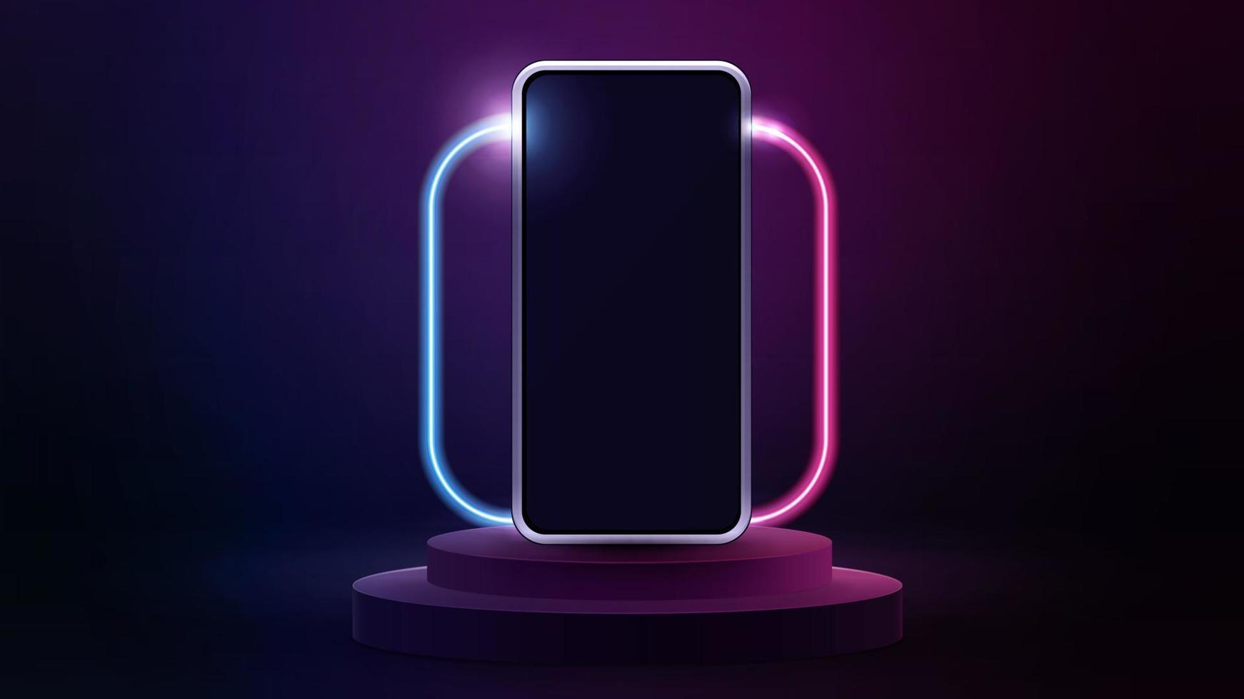 smartphone simulado no pódio com moldura quadrada neon gradiente de linha com cantos arredondados. vetor
