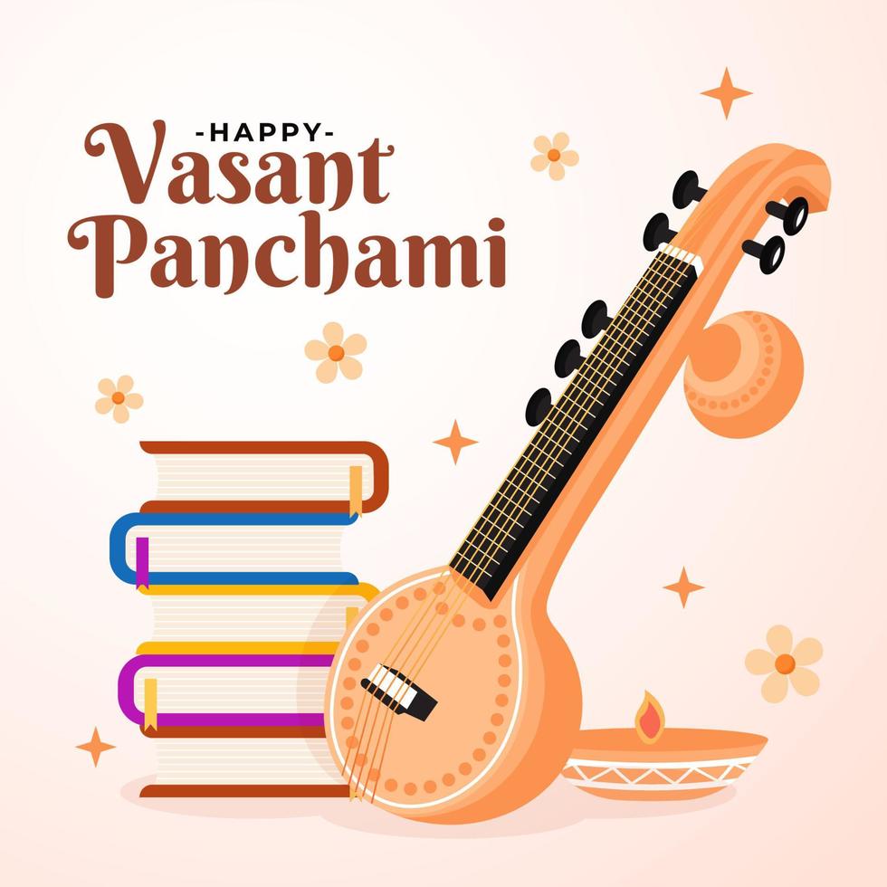 design de vetor de celebração de vasant panchami com decoração de instrumento musical veena