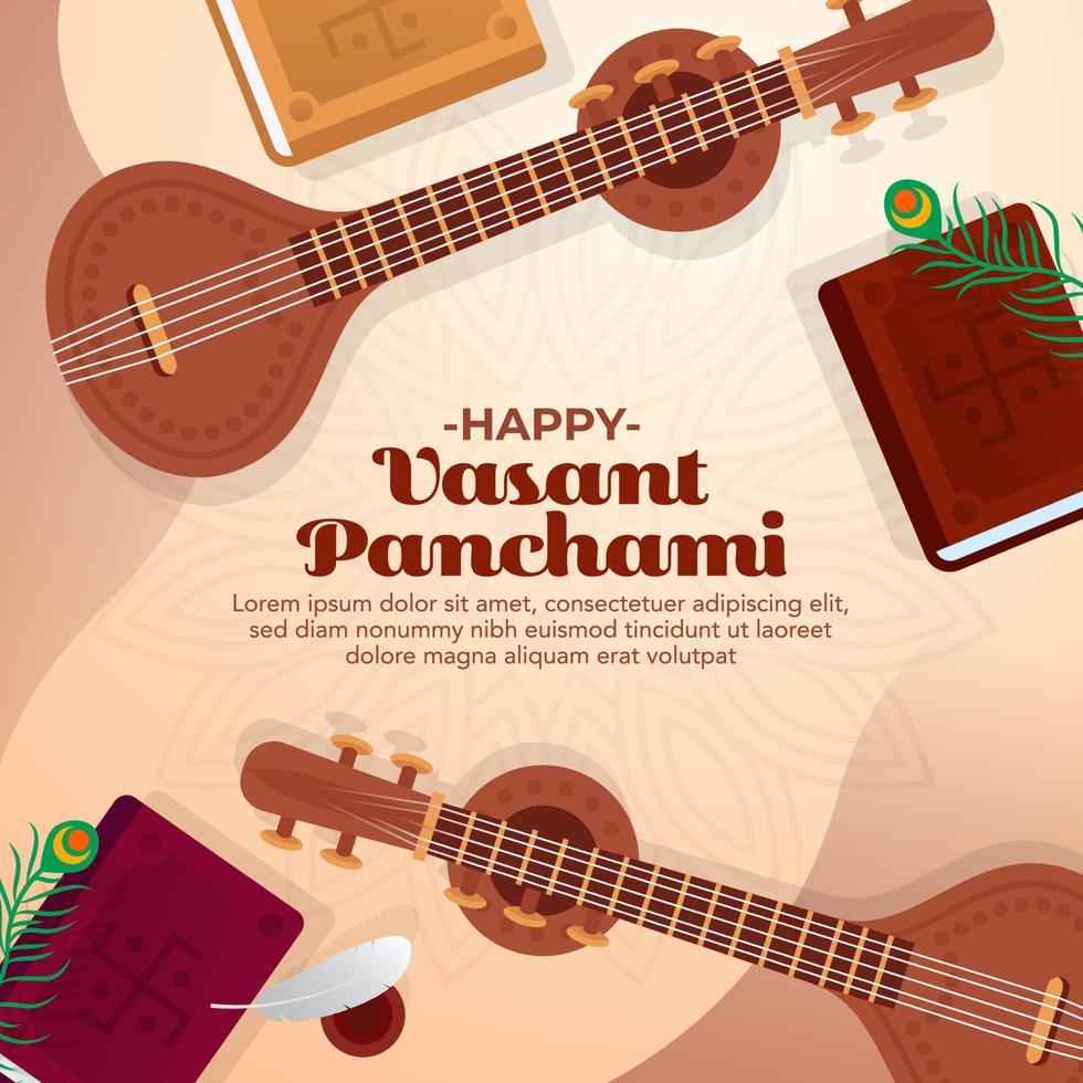design de vetor de celebração de vasant panchami com decoração de instrumento musical veena