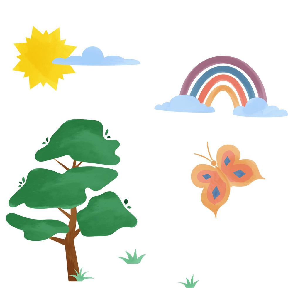 elementos de aquarela. árvore, arco-íris, borboleta, nuvens, sol, grama. vetor