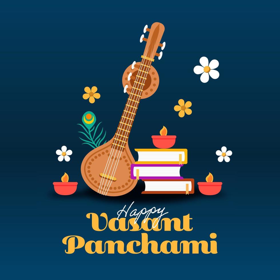 design de vetor de celebração de vasant panchami com decoração de instrumento musical veena