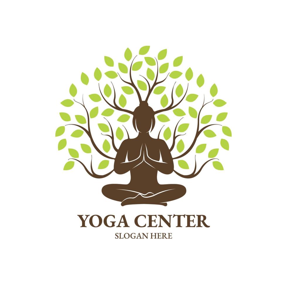 pose de ioga com design de logotipo de folhas vetor