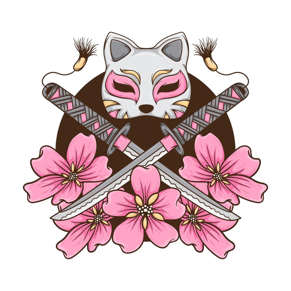 espada katana e máscara de gato com ilustração desenhada à mão de flores de cerejeira vetor