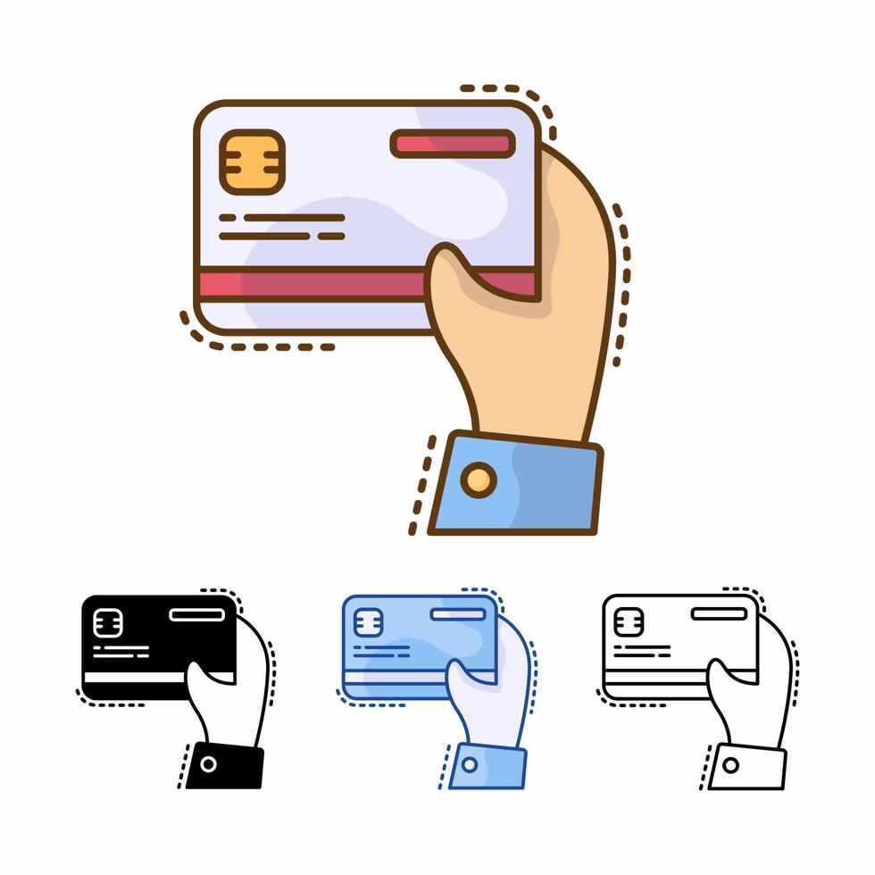 compre com cartão de crédito com ícone de vetor de mão isolado no fundo branco. Forma de pagamento. linha preenchida, contorno, sólido, azul, ícone. sinais e símbolos podem ser usados para web, logotipo, aplicativo móvel, ui, ux