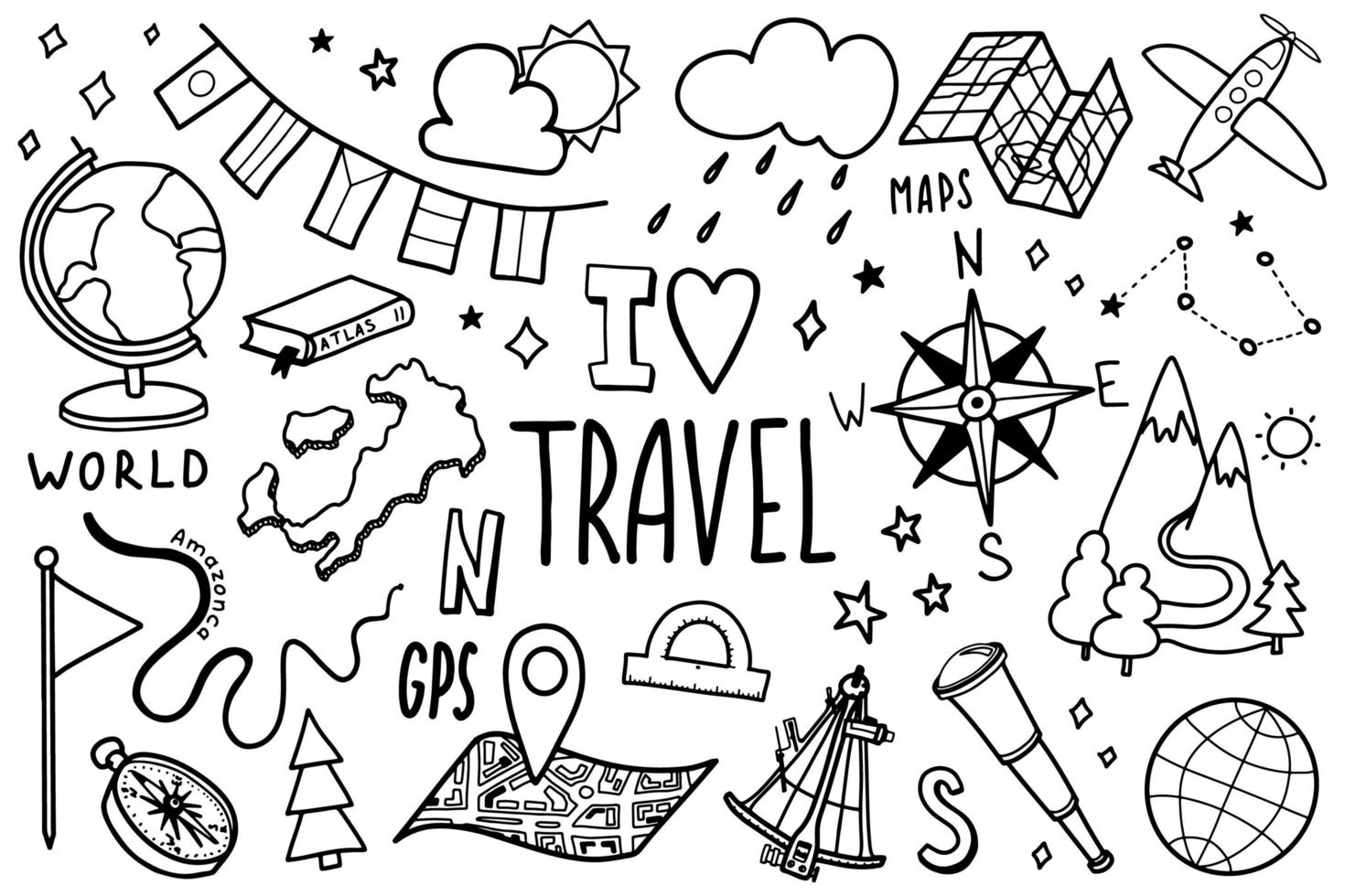 ícones de viagens definido no estilo doodle desenhado à mão. símbolos de turismo e geografia. ilustração vetorial em fundo branco vetor