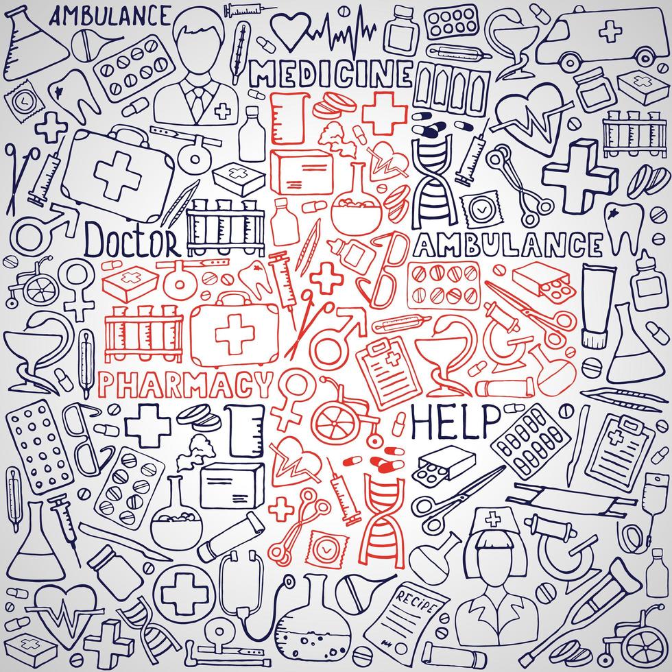 conjunto de ícones de cuidados de saúde e medicina. ilustrações vetoriais doodle. vetor