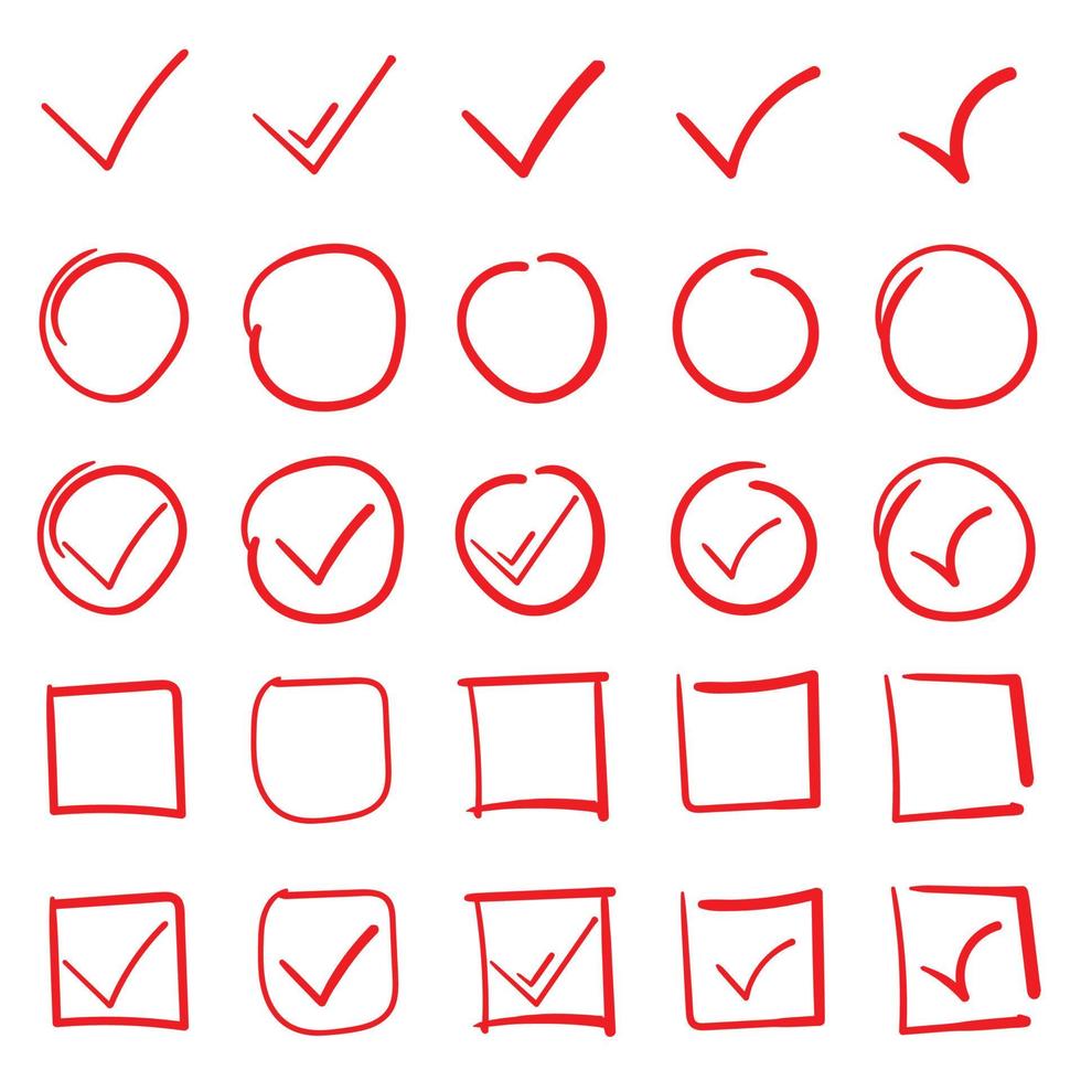 conjunto de círculos vermelhos de destaque desenhados à mão e ícones de marca de seleção. vetor livre