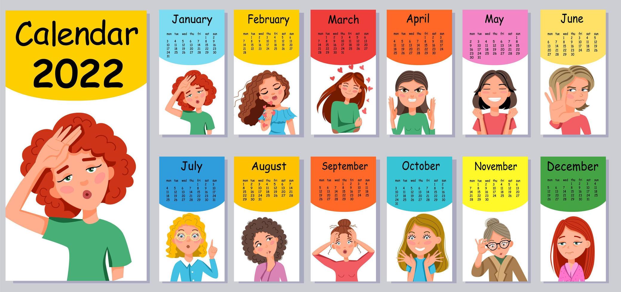 modelo de design de calendário de parede vertical para 2022. um conjunto de adesivos de emoticon estilo cartoon. vetor