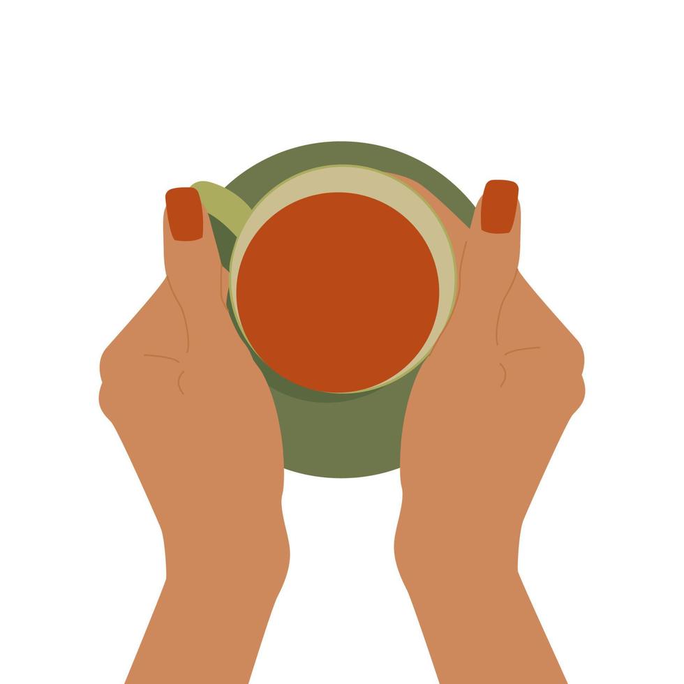 as mãos da vista superior seguram uma caneca quente de chá. ilustração vetorial plana isolada vetor