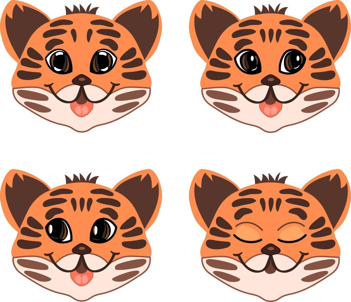 rostos de tigre bonitos em estilo cartoon colorido. conjunto vetorial de personagens prontos para animação. vetor