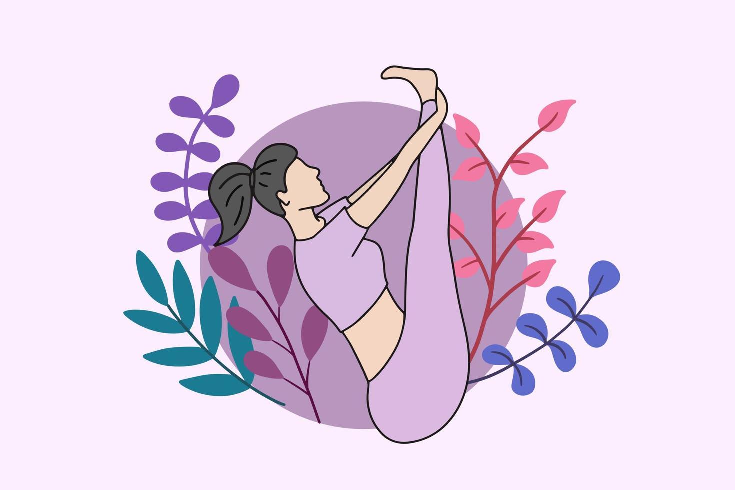 mulher meditando na ilustração da natureza pacífica, ioga e conceito de estilo de vida saudável, design de desenho animado plano vetor