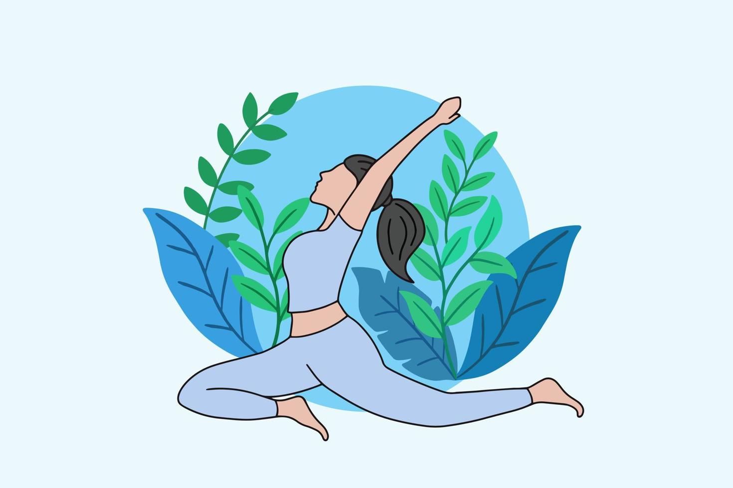 mulher meditando em ioga pacífica e meditação de estilo de vida saudável as pessoas posam design de desenho animado plano de relaxamento espiritual vetor