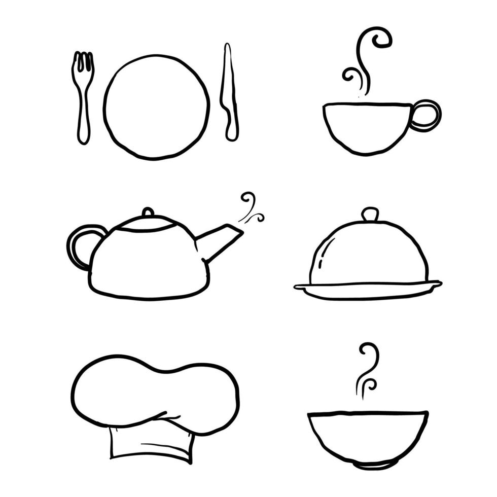 conjunto de ícones de cozinha doodle desenhados à mão, ícones vetoriais preto e branco em vetor de arte de desenho animado estilo linha fina