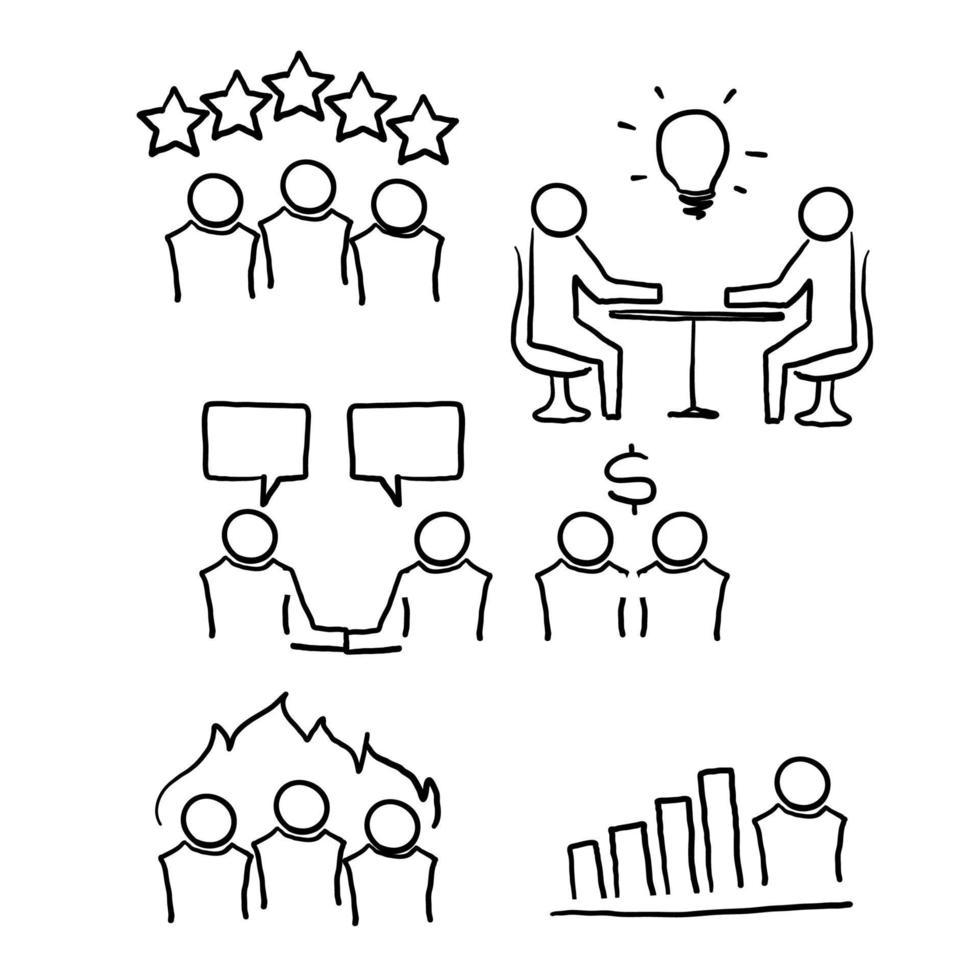 coleção de conjunto desenhado à mão de ícones de reunião, como seminário, sala de aula, equipe, conferência, trabalho, doodle de sala de aula vetor