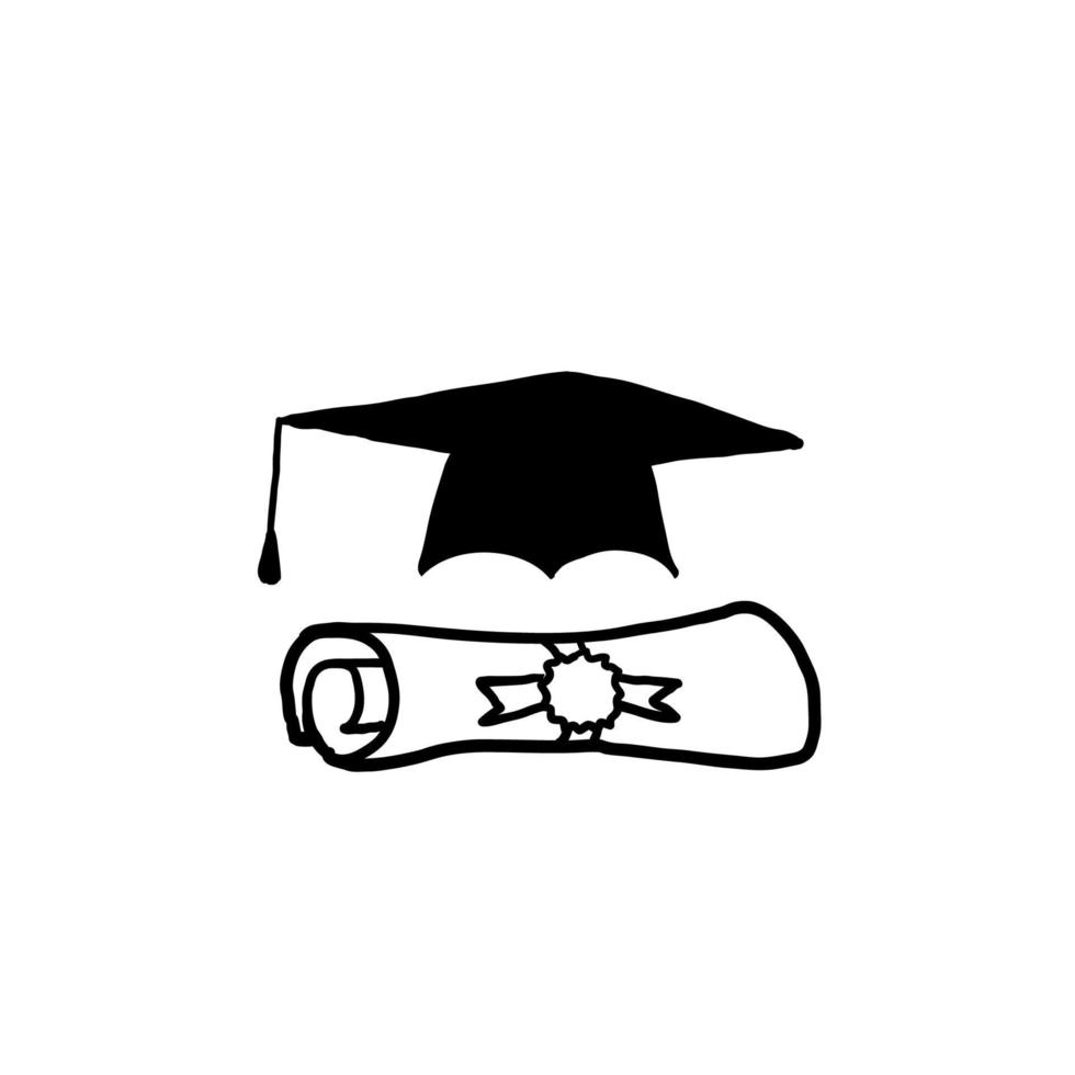 chapéu de formatura desenhado à mão e ilustração de papel de rolagem com vetor de estilo doodle