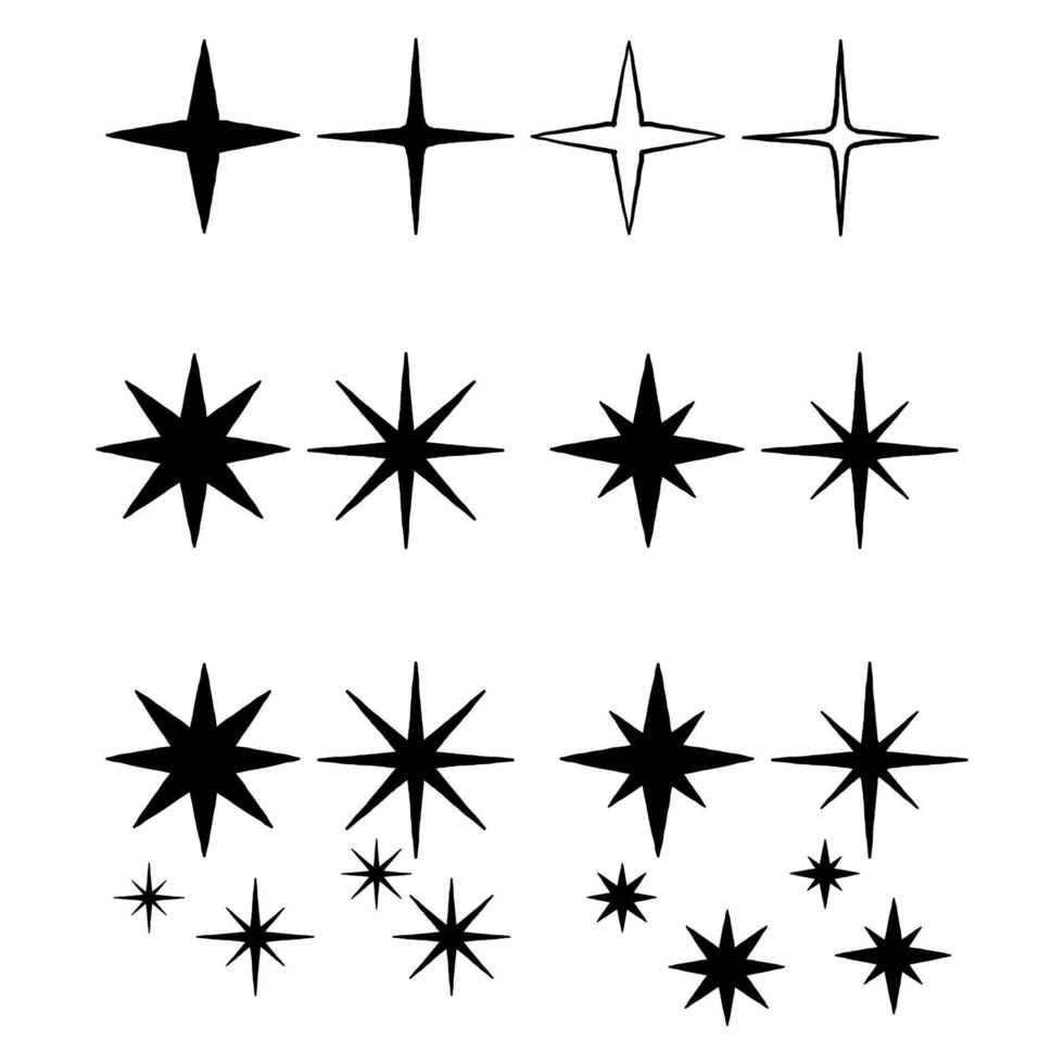 ícones de estrelas desenhadas à mão. estrelas cintilantes. brilha, explosão brilhante. símbolos de vetor de natal isolados. rabisco