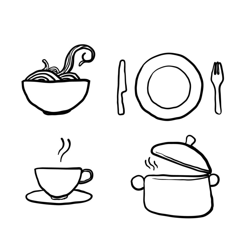conjunto de ícones de cozinha doodle desenhados à mão, ícones vetoriais preto e branco em vetor de arte de desenho animado estilo linha fina