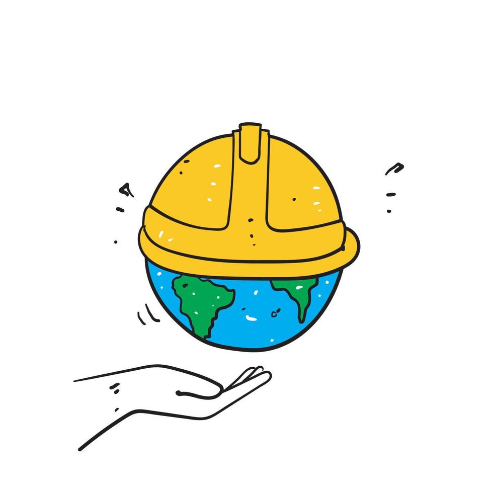 mão desenhada doodle mão segurando o globo da terra com símbolo de capacete amarelo para ilustração do dia nacional de segurança vetor