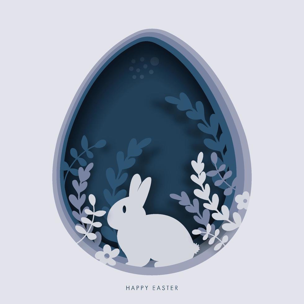 modelo de cartão de feliz páscoa. ilustração de corte de papel de coelho de páscoa, grama, flores e forma de ovo azul. vetor