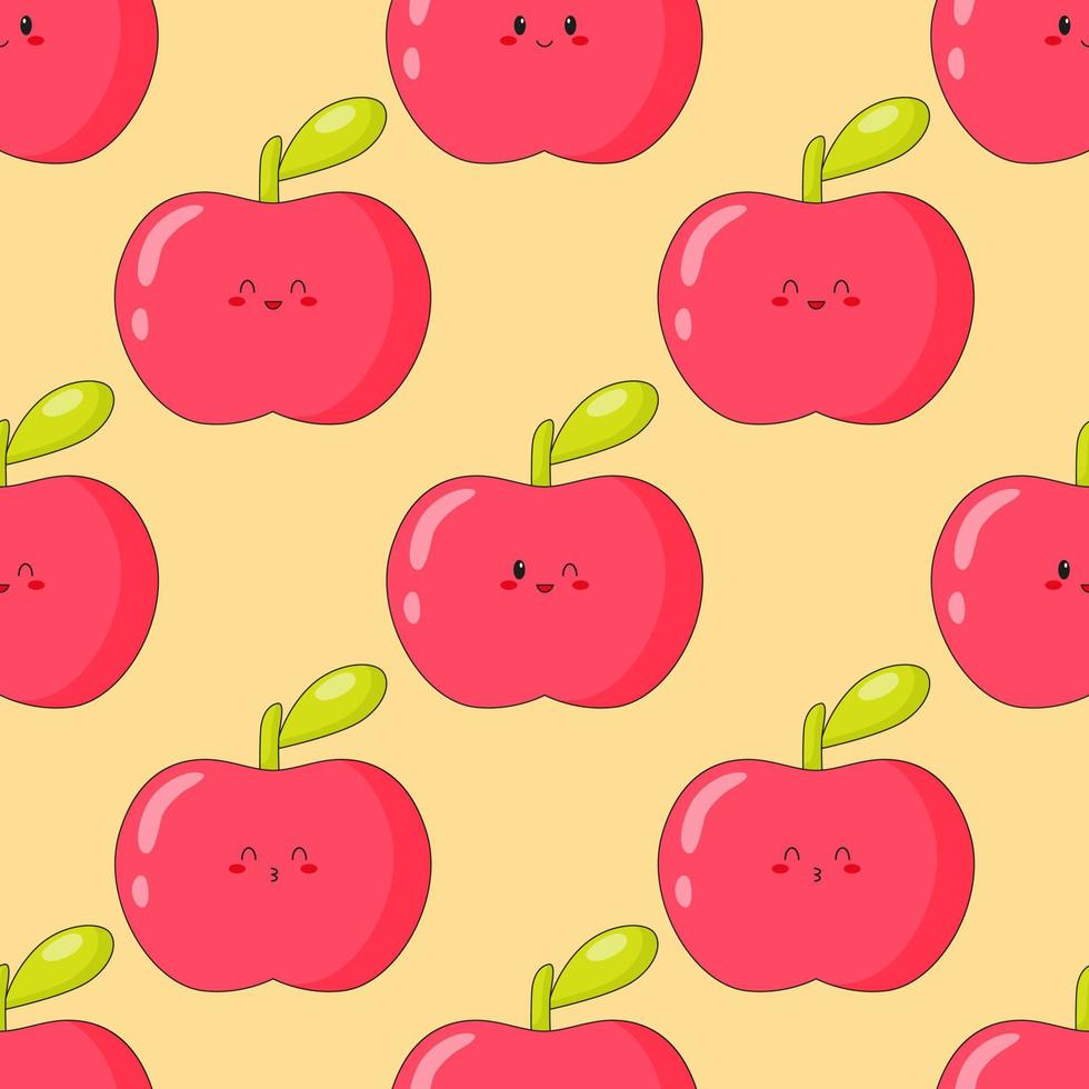 sem costura padrão de maçã kawaii fofa. impressão de frutas com diferentes emoções de maçã. ilustração vetorial plana. vetor