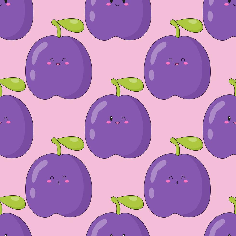 sem costura padrão de ameixa kawaii bonito. estampa de frutas com diferentes emoções de ameixa. ilustração vetorial plana. vetor