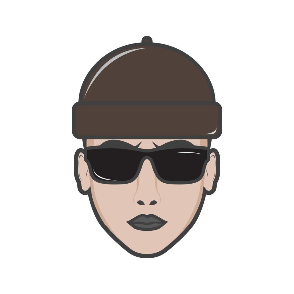 jovem rosto legal com óculos escuros e design de logotipo de chapéu vetor gráfico símbolo ícone sinal ilustração ideia criativa