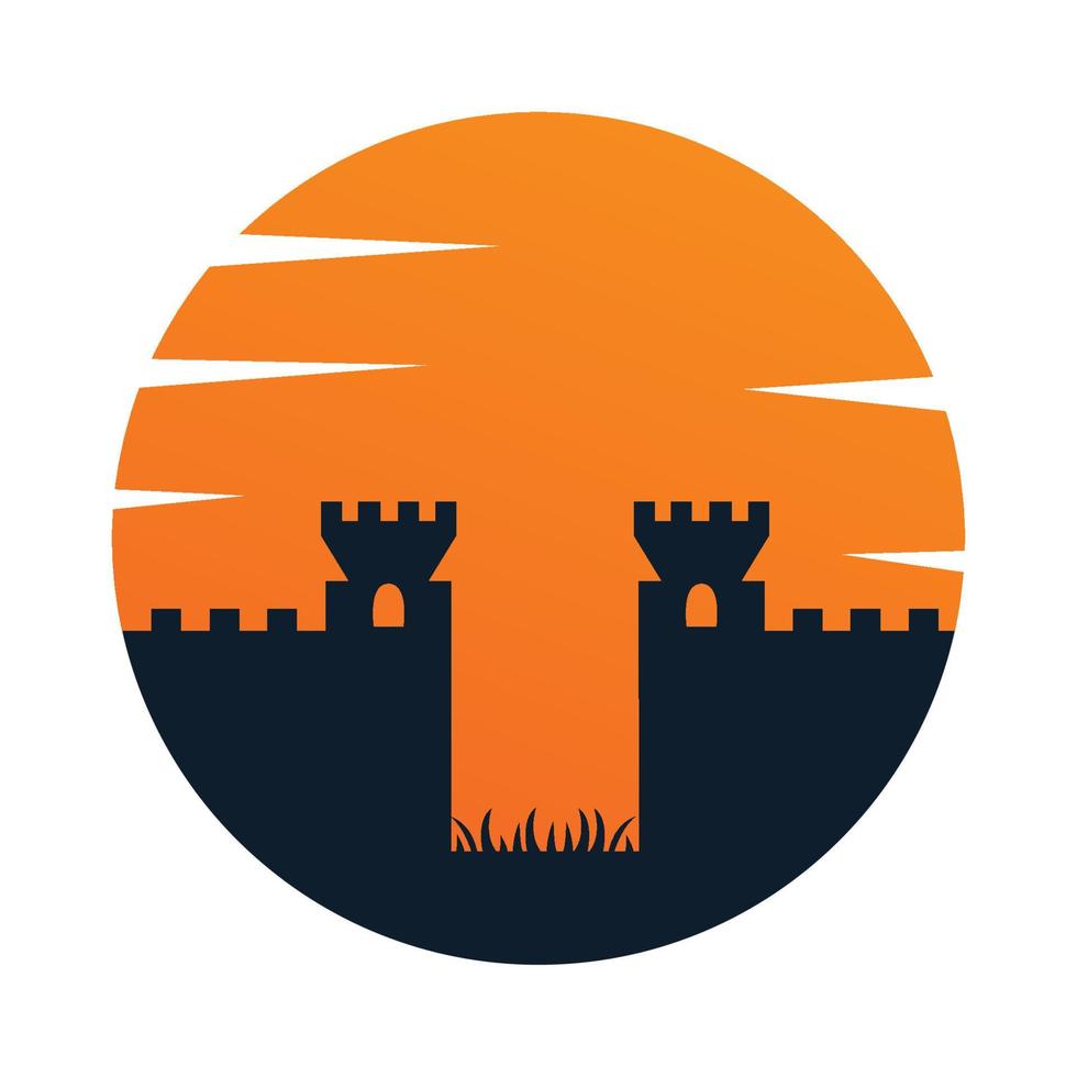 paredes do castelo com ilustração de ícone vetorial do logotipo do pôr do sol vetor